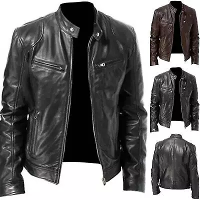 Buy Mens Faux Leather Biker Motorcycle Jacket Button Mock Neck Zip Up Coat Outwear • 36.93£