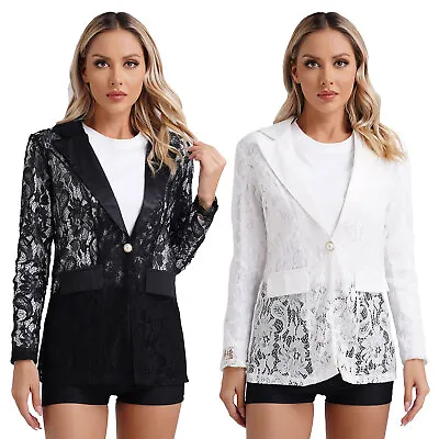 Buy Women Coat Shiny Blazer Street Wear Jackets Lapel Outerwear Crop Cardigan Lace • 27.59£