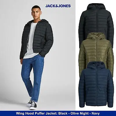 Buy Jack & Jones Mens Quilted Puffer Jacket, Hooded, Padded, Full Zip Size - Large • 17.99£