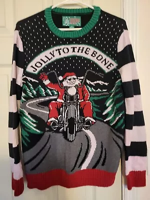 Buy  Jolly To The Bone Santa On A Motorcycle Black, Green & Red Christmas Sweater  • 11.81£