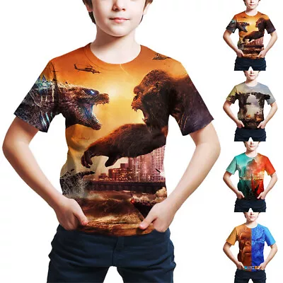 Buy 4-9 Years Kids Godzilla Vs Kong 3D Printed Casual Short Sleeve T-Shirt Tops Tees • 9.24£