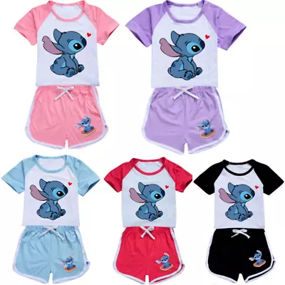 Buy Girls Lilo And Stitch Print T-shirt Casual Tracksuit Set Tshirt Top Shorts Suits • 11.49£