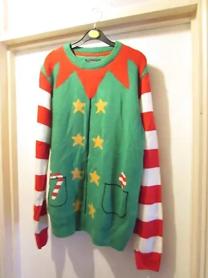 Buy Men's Novelty Christmas Elf Themed/patterned Green/red Jumper 38-41 Chest By Bhs • 9£