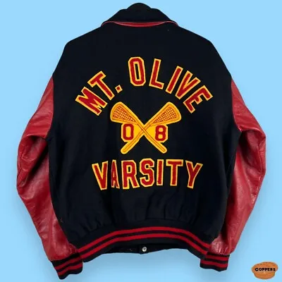 Buy Vintage Varsity Jacket 90s Bomber Athletics USA Collage Red Black Leather • 74.99£