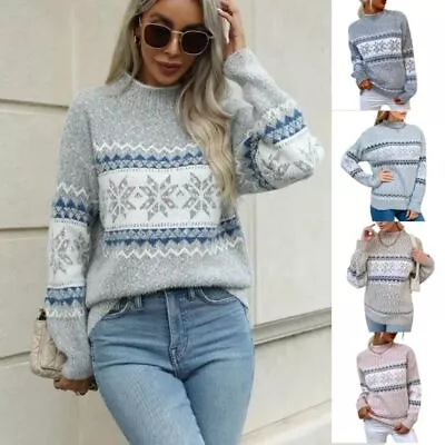 Buy Women's Sweater Tops Christmas Snowflakes Half Turtleneck Knitted Pullover New; • 21£