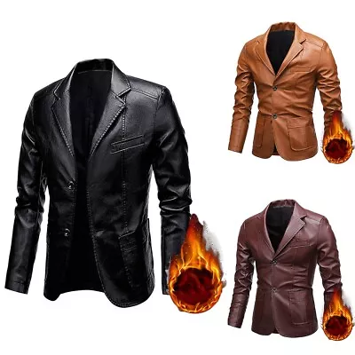 Buy Coffee Mens Faux Leather Rider Jacket Lapel Fur Lined Biker Coats Zip Outwear • 27.34£