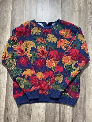 Buy Vtg 90s Hand Knit Leaves Sweater XL Ski Snow Flower Nature Art 80s Nordic Chunky • 41.68£