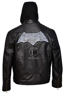 Buy Biker Motorcycle Batman Hooded Motorcycle Real Leather Retro Biker Jacket Zipper • 84.99£