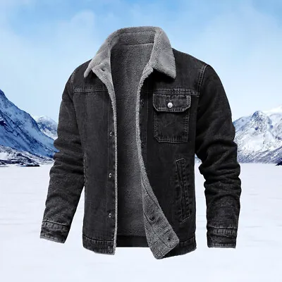 Buy Mens Winter Warm Fleece Lined Denim Jacket Jean Coat Trucker Sherpa Fur Collar • 11.99£