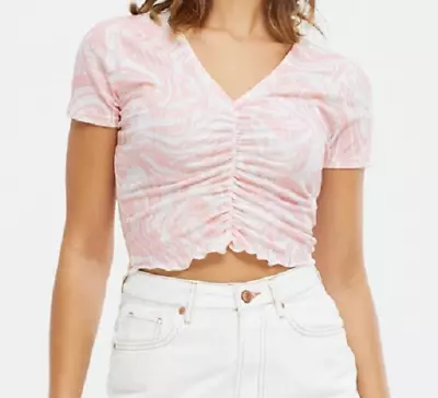 Buy New Look Marble Ribbed Ruched Crop T-Shirt - Pink Print - UK14  RRP £15.99 • 6£