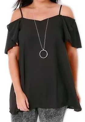 Buy Sexy Sheer Black Cut Cold Shoulder Strappy Tunic Top Angel Sleeve New Ladies • 12.95£