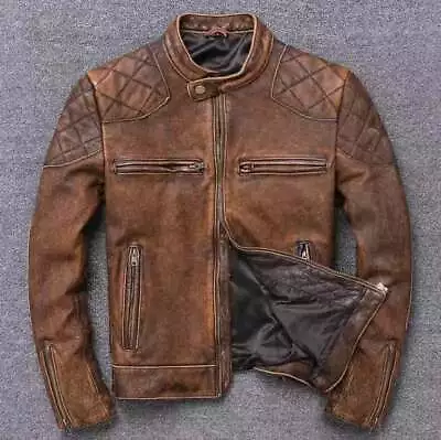 Buy Men's Biker Cafe Racer Vintage Motorcycle Distressed Tan Brown Leather Jacket • 24£