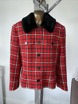 Buy Vintage PLANET Jacket Tartan Red UK 12 Wool Blend Check Faux Fur Trim • 19.99£