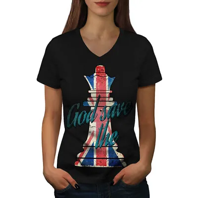 Buy Wellcoda God Save The Queen Womens V-Neck T-shirt, Brit Graphic Design Tee • 15.99£