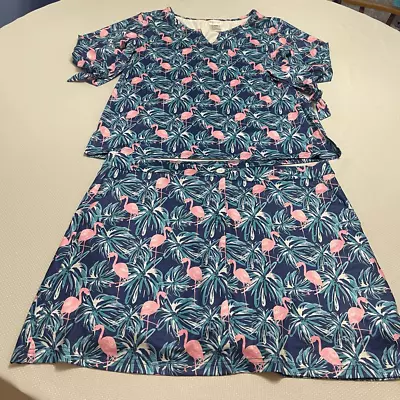 Buy Top It Off Flamingo White Blue Floral Skort Skirt Set Size Medium Top XL Bottom • 38.60£