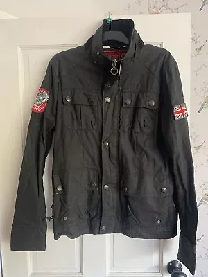 Buy Superdry Waxed Flag Jacket Mens Midnight Blue Cotton Biker Bomber Military M/L • 45£