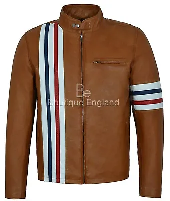 Buy Men's TAN Leather Jacket AMERICAN Biker Style Stripes REAL LEATHER EASY RIDER • 103.78£