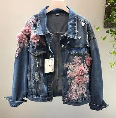 Buy 2023 Womens Girls 3D Flower Denim Jacket Pearl Flower Denim Jeans Jacket Coat • 31.31£