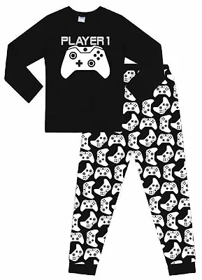 Buy Boys Gaming Player 1 Cotton Long Pyjamas Black White  • 10.99£