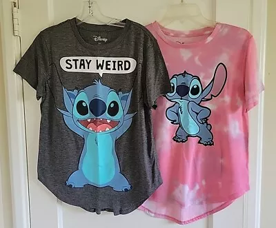 Buy 2 Disney Stitch Gray Stay Weird & Pink Tie Dyed Graphic T-Shirts Junior's Size L • 23.58£
