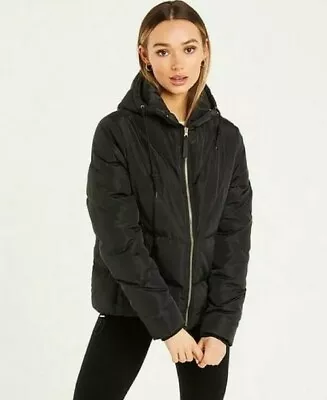Buy Quiz Womens Chevron Hooded Puffer Jacket In Black Size UK 16 BNWT. RRP £75 • 40£