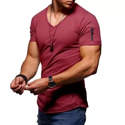 Buy Mens Short Sleeve V Neck T Shirt Casual Slim Fit Solid Muscle Tee Tops Zipper UK • 9.89£