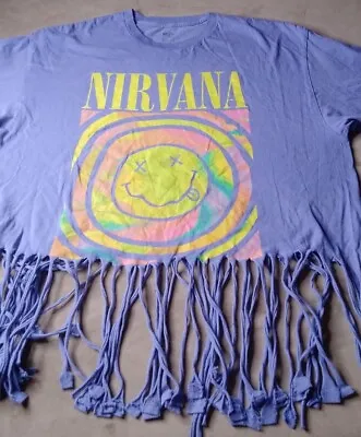 Buy Nirvana Smiley Face Graphic Cropped Cut Fringe Shirt Women’s Size XL  • 14.39£