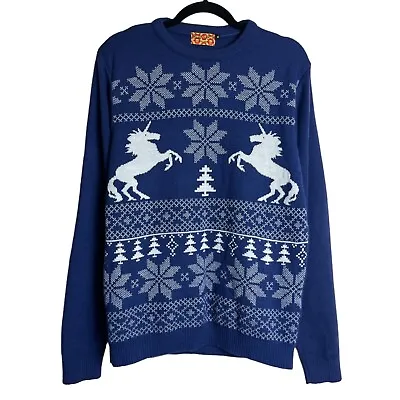 Buy Run & Fly Christmas Jumper Size Medium Blue White Unicorn Snowflake  • 17.99£