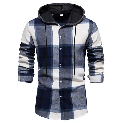 Buy Men Tartan Hooded Tops Plaid Check Hoodies Buttons Down Shirts Blouse Size 36-44 • 15.39£