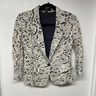 Buy Monteau Floral Lace Cream Navy Blue Blazer Jacket Womens Size Medium Career • 9.47£