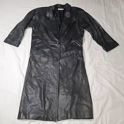Buy VTG 80s Harbor View Full Length Black Genuine Leather Trench Coat Size Womens M • 28.42£