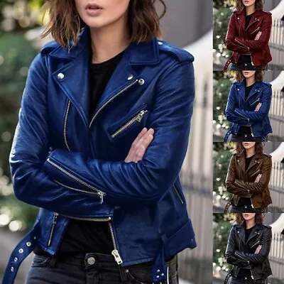 Buy Fashionable Women's Slim Fit Faux Leather Biker Jacket Formal Coat Wine Red • 22.70£
