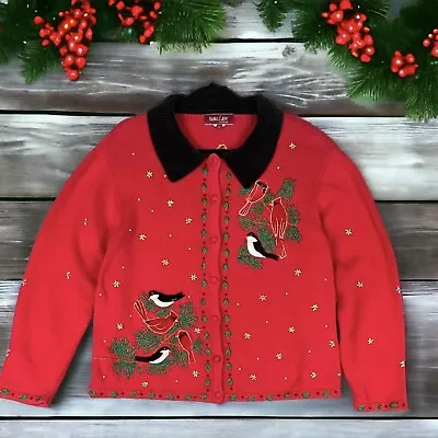 Buy VTG Womens Size L Red Cotton Button Up Cardigan Sweater Christmas Winter Birds • 28.34£