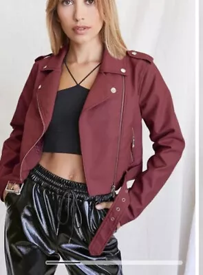 Buy Forever 21 Wine Burgundy Faux Leather  Zip-Up Moto Jacket Size S • 23.34£