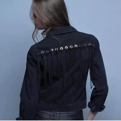 Buy Black Jacket Denim Fringes Vintage Style • 20£
