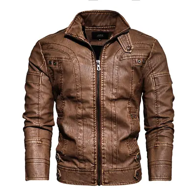Buy Men Leather Motorcycle Jacket Zip-Up Stand Collar Plus Size Biker Coat Tops • 87.53£