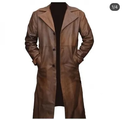 Buy Men Vintage Brown Genuine Leather Jacket, Duster Coat Military Style Trench Coat • 134.95£