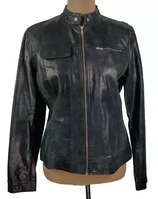 Buy NWOT~I. E.~Women M~Black Leather Croc Texture L/S Lined Full Zip Racer Jacket • 59.81£