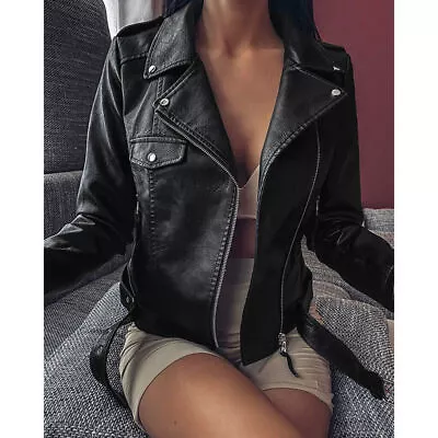Buy Women's Biker Jacket Slim Plus Size Ladies Faux PU Leather Zip Formal Coat • 22.33£