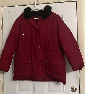 Buy Lauren RL Parka Womens Large Burgundy Red Down Hooded Jacket Faux Fur Trim NICE • 28.34£