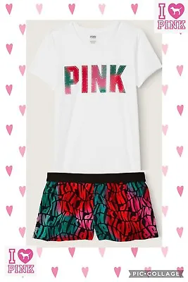 Buy Victoria’s Secret Pink Bling Campus Tee & Sleep Boxy Shorts Pjs Pajama Set VS 2X • 47.25£