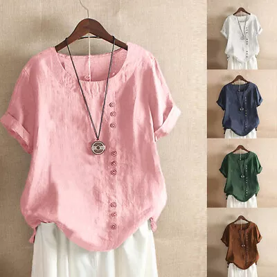 Buy COTTON LINEN Womens Summer Tunic Blouse Tops Ladies Short Sleeve Shirt Plus Size • 9.99£
