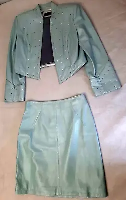 Buy ISABEL LEATHER JACKET & Skirt Set Womens Medium Jacket Skirt Size 8 Blue Beaded • 362.73£