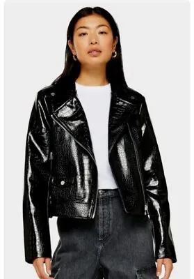Buy Topshop PU Black Vinyl Croc Faux Leather Biker Short Jacket Size 8 • 29.99£