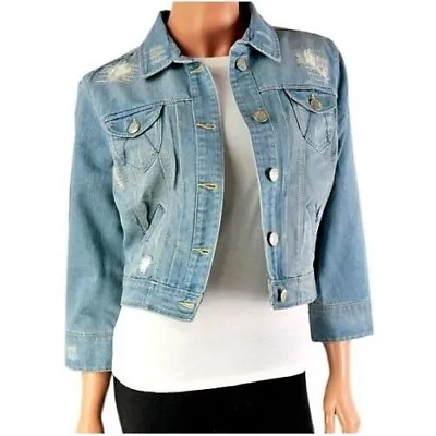 Buy Womens PREMIUM Cropped Jean Denim Jacket Ladies Stretch Soft Ripped Distressed • 12.95£
