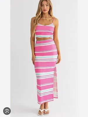 Buy LE LIS Collection PINK STRIPE FITTED MIDI SKIRT W/ SLIT AND CAMI SIZE MEDIUM • 27.47£