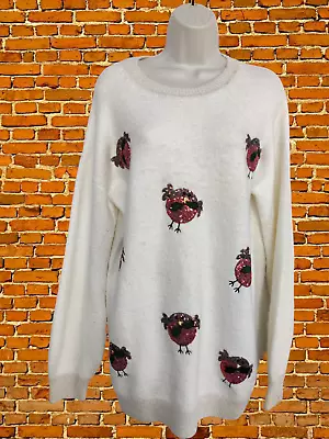 Buy Womens Next Size S Small Cream Festive Jumper Sequin Robin Christmas Knitwear • 14.99£