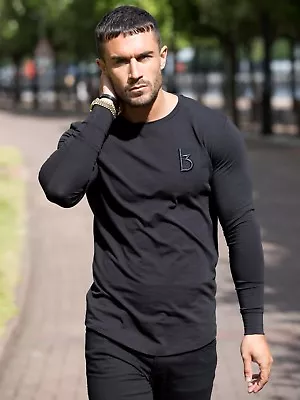 Buy Mens Slim Muscle Fit Long Sleeve T Shirt Gym Designer Plain Curved Hem Tee Top • 14.99£