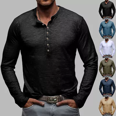 Buy Mens Long Sleeve Henley Shirt Casual Baggy Button Pullover Solid T Shirt Tops UK • 8.99£