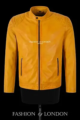 Buy Men's Cafe Racer Biker Leather Jacket Yellow Waxed Retro Style Motorbike Jacket • 96£